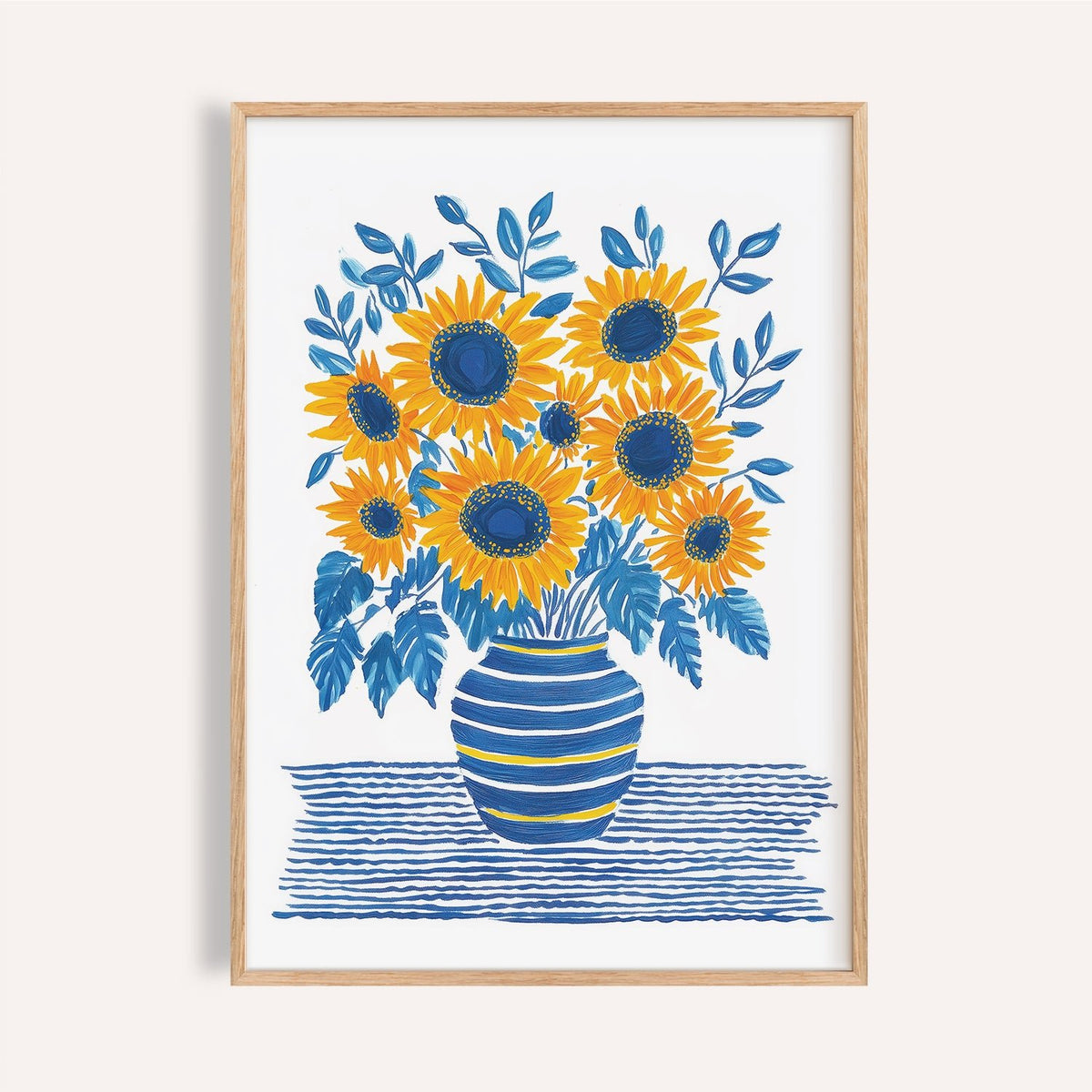 Sunflower Print with bold yellow petals and blue centers for kitchen wall art