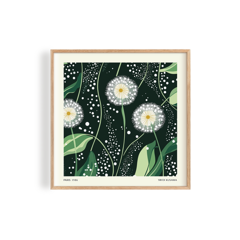 Beautifully designed botanical-inspired poster featuring delicate white dandelions and flowing green foliage in a serene and elegant design
