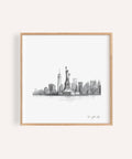 Statue of Liberty print in black-and-white sketch with New York City skyline
