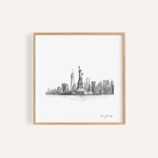 Statue of Liberty print in black-and-white sketch with New York City skyline