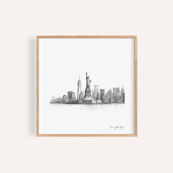 Statue of Liberty print in black-and-white sketch with New York City skyline
