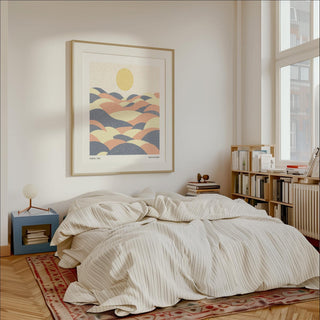 Pastel wall art blending muted corals, earthy yellows, and deep blues