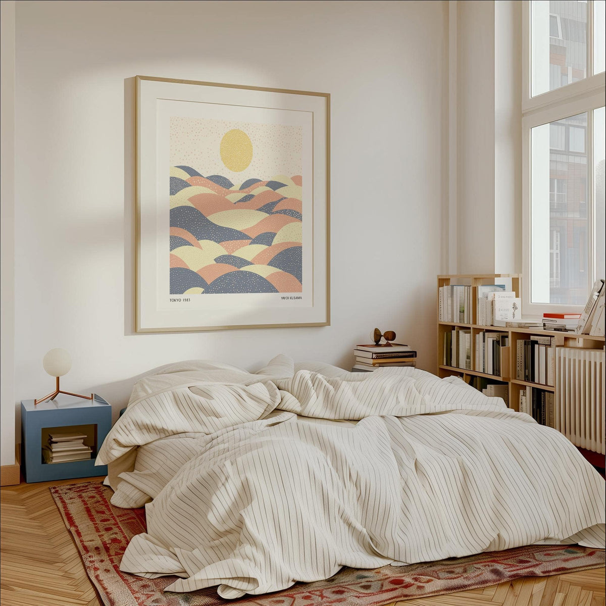 Pastel wall art blending muted corals, earthy yellows, and deep blues