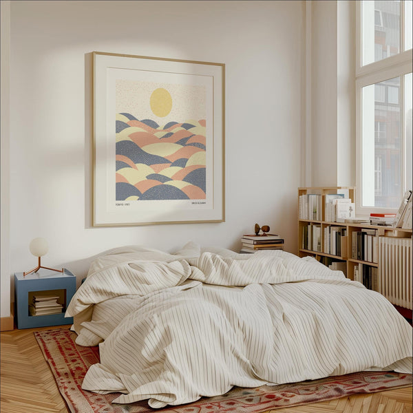 Pastel wall art blending muted corals, earthy yellows, and deep blues