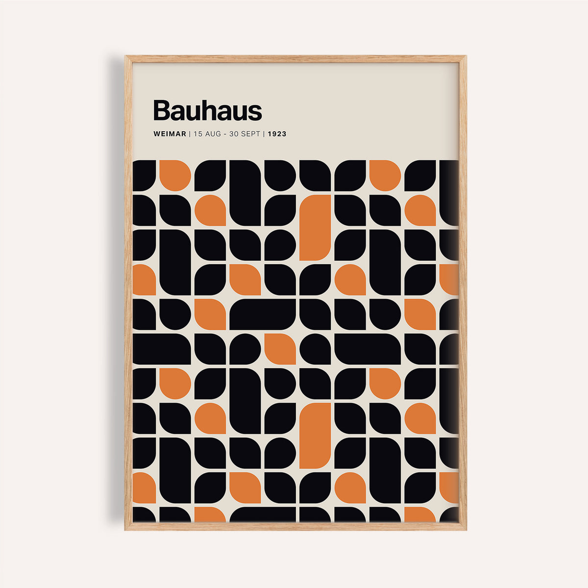 Bold black and orange Bauhaus pattern for modern living room wall art