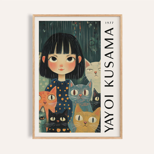 Yayoi Kusama poster featuring whimsical cat artwork
