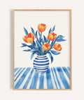 Orange tulips and blue leaves in striped vase tulip wall art print for kitchen