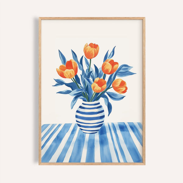 Orange tulips and blue leaves in striped vase tulip wall art print for kitchen
