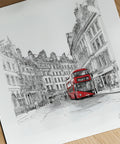 Artistic drawing of a red double-decker bus on a city street with black and white buildings.