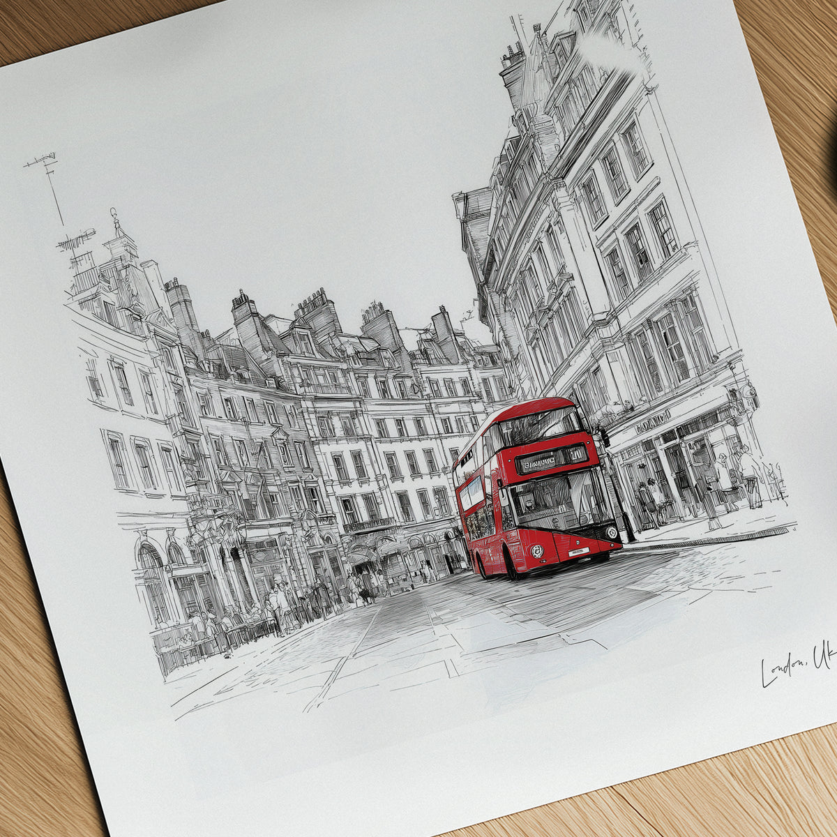 Artistic drawing of a red double-decker bus on a city street with black and white buildings.