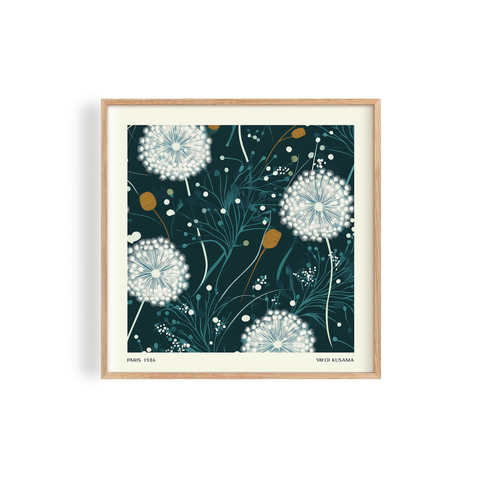 Stunning botanical design featuring delicate white dandelions, abstract green foliage, and soft earthy tones in a serene dandelion meadow setting
