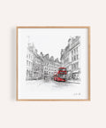 London England wall art with red double-decker bus in a historic city setting