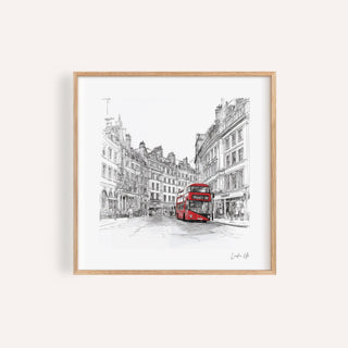 London England wall art with red double-decker bus in a historic city setting