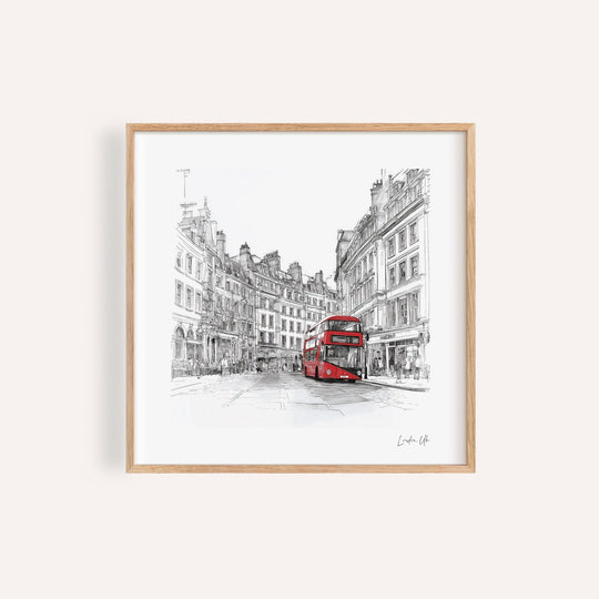 London England wall art with red double-decker bus in a historic city setting