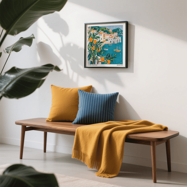 Italian Coastal Wall Art above entryway bench in yellow and blue
