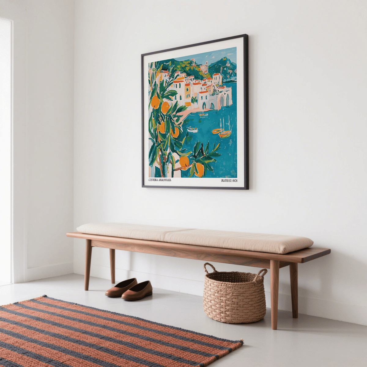 Large Square Amalfi Coast Poster in Orange, yellow and blue and terracotta roof tops