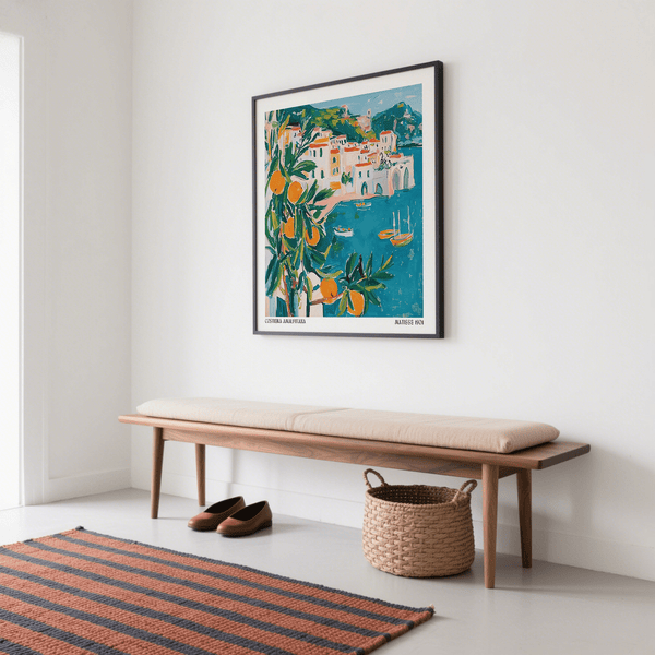 Large Square Amalfi Coast Poster in Orange, yellow and blue and terracotta roof tops