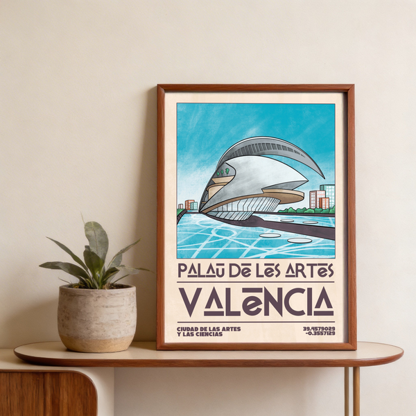 Centered Valencia Architecture Print poster featuring Palau de Les Arts and stylized water reflections