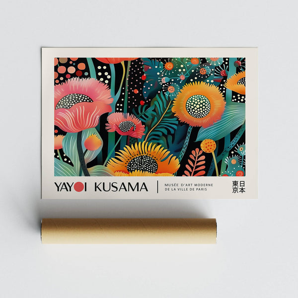 Abstract floral wall art with pink and orange petals for bedroom decor

