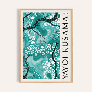 Framed teal wall decor of abstract branches with white dots and dark lines