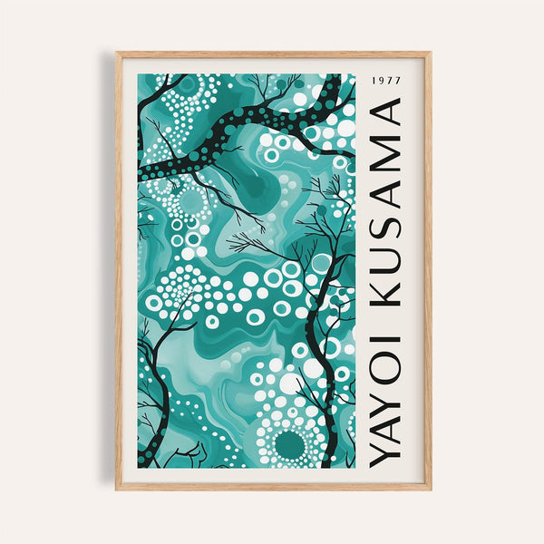 Teal wall decor featuring Yayoi Kusama-inspired artwork