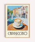 Cappuccino cup with Italian street view in Watercolor Kitchen Art print for breakfast nook