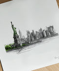 Artistic illustration of the Statue of Liberty and New York City skyline on a white background.