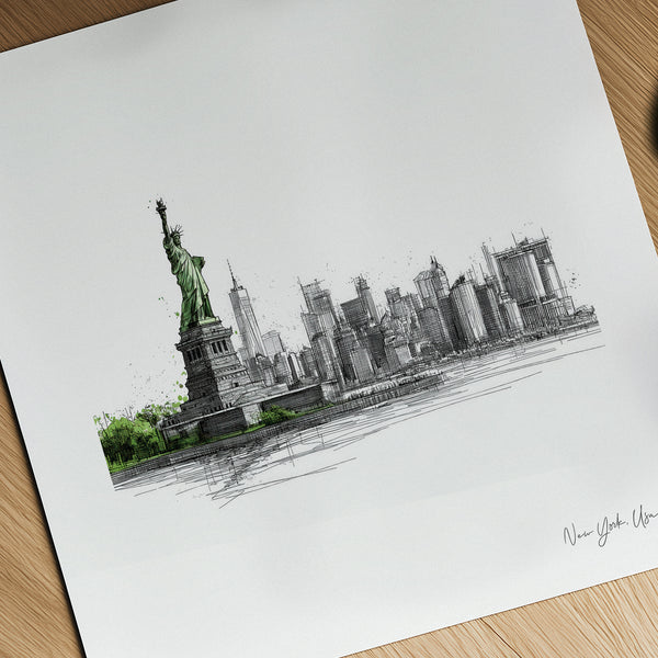 Artistic illustration of the Statue of Liberty and New York City skyline on a white background.