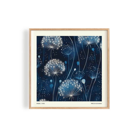 Beautifully designed abstract floral print featuring luminous white dandelions in a rich navy blue background, inspired by Yayoi Kusama's style
