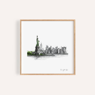 Framed New York City Travel Poster with minimalist Statue of Liberty and Manhattan skyline in black and green