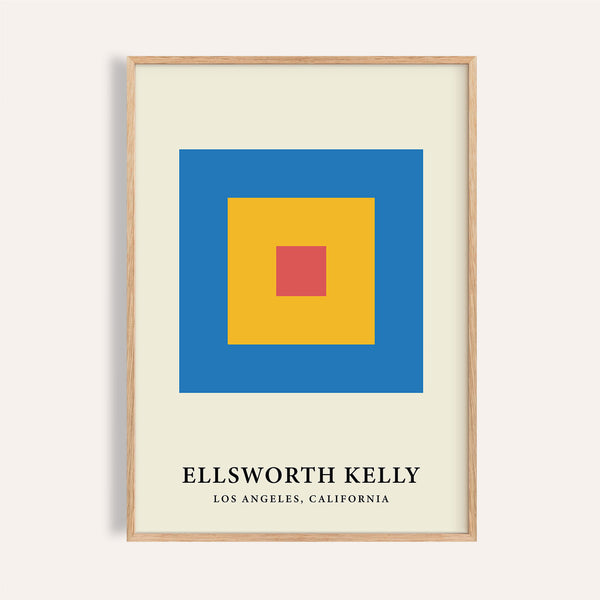 Minimalist art with geometric blue, red, and yellow color blocks