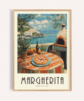 Margherita pizza on a blue plate in vintage Italian food prints for dining room decor