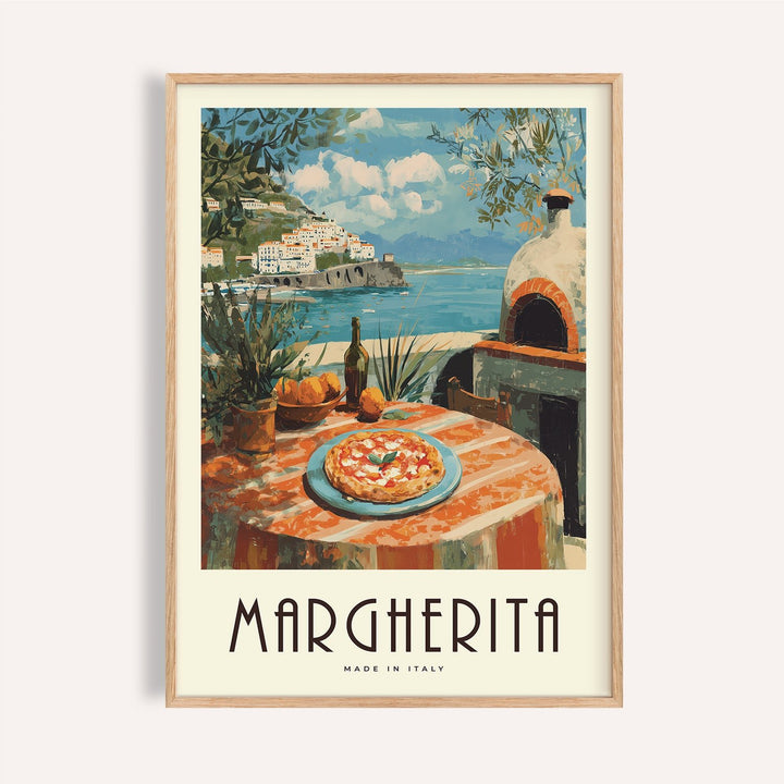 Margherita pizza on a blue plate in vintage Italian food prints for dining room decor
