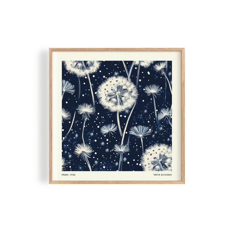 Stunning abstract floral design featuring delicate white dandelions floating against a deep navy blue background, creating a calming atmosphere
