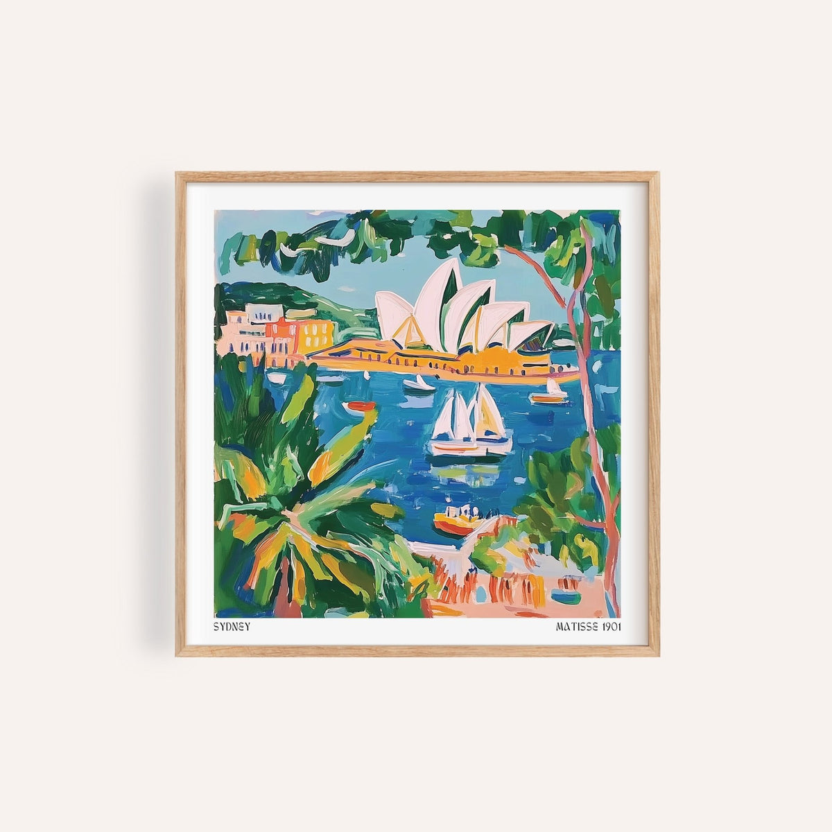 Vivid Matisse art for sale with blue waters and tropical greenery.

