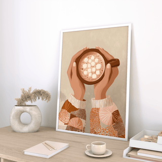 Cute Coffee Art Print home decor piece in brown and orange hues