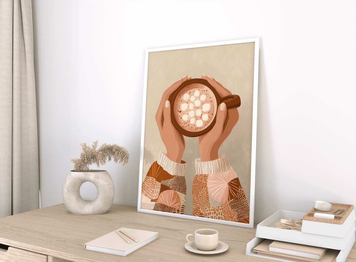 Cute Coffee Art Print home decor piece in brown and orange hues