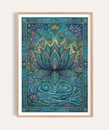 Colorful Nature Print of stylized lotus pond with dragonflies and birds