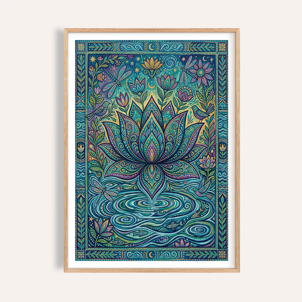 Colorful Nature Print of stylized lotus pond with dragonflies and birds