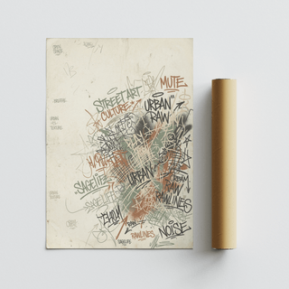 Centered collage of words and hand-drawn marks on street art poster