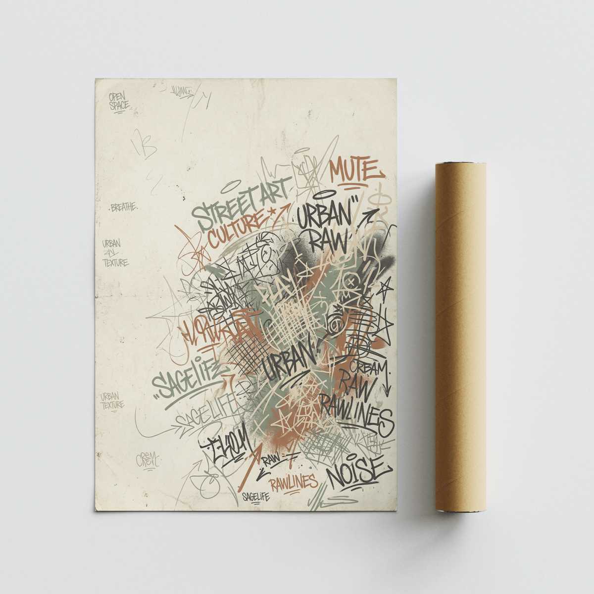Centered collage of words and hand-drawn marks on street art poster