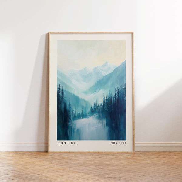 Nature prints with a blue mountain range and evergreen forest.