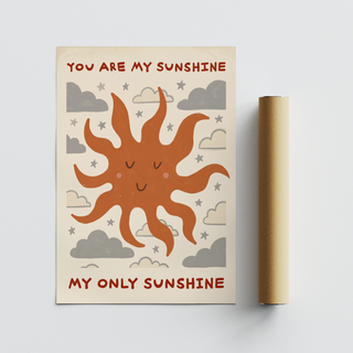 Minimal sky-themed poster with smiling sun, cloud pattern, and bold lettering