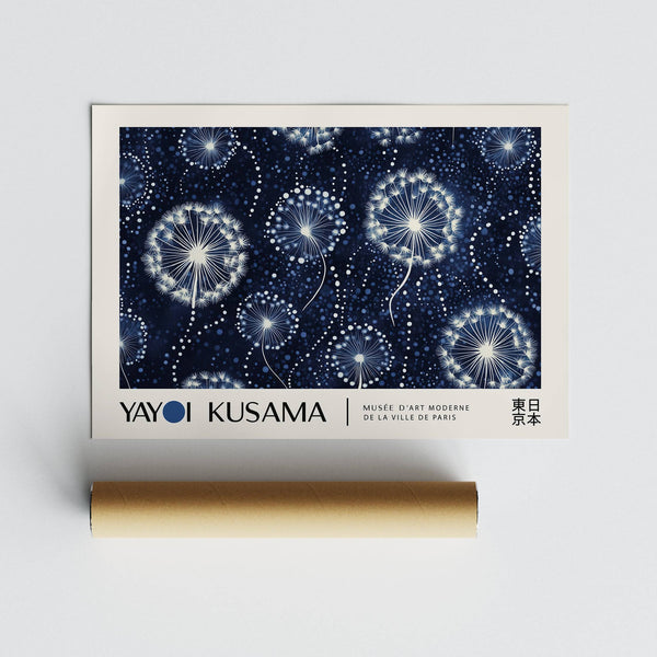 Serene floral wall art featuring Kusama-style dandelion designs for Japandi decor
