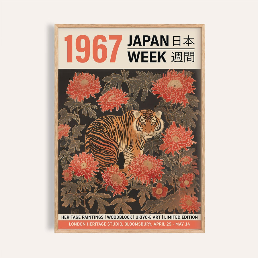 Vintage Asian wall art featuring a majestic tiger print