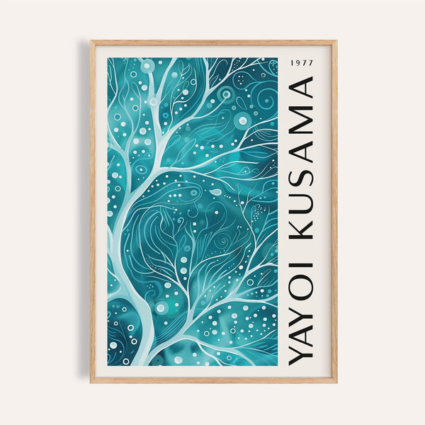 Teal color wall art with abstract branches and dots for modern living room