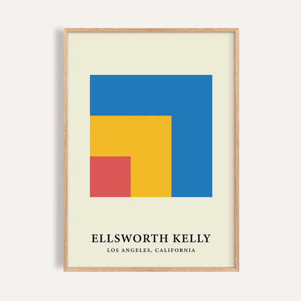 Modern minimal wall art with geometric blue, red, and yellow shapes