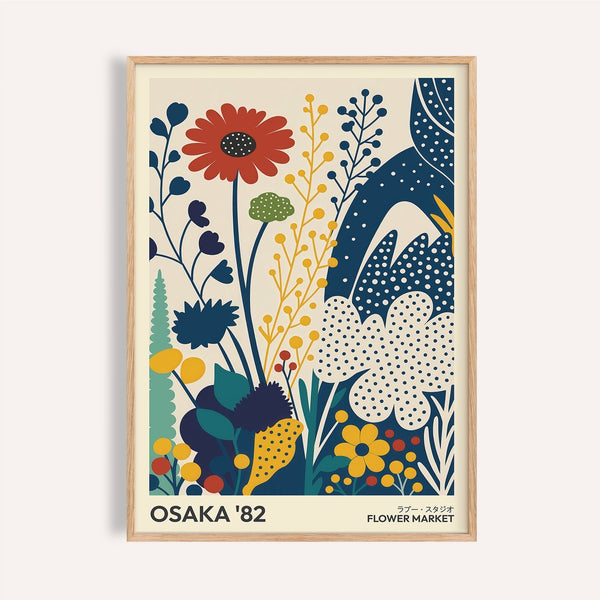 Bold red and navy poster flowers wall art for living room