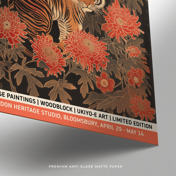 Vintage Asian Wall Art of Japanese Tiger in Jungle Forest