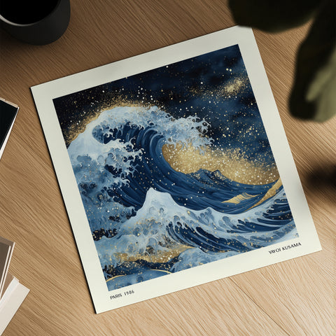 High-quality wall art print of a golden wave, perfect for home decor or as a gift for art lovers and ocean enthusiasts